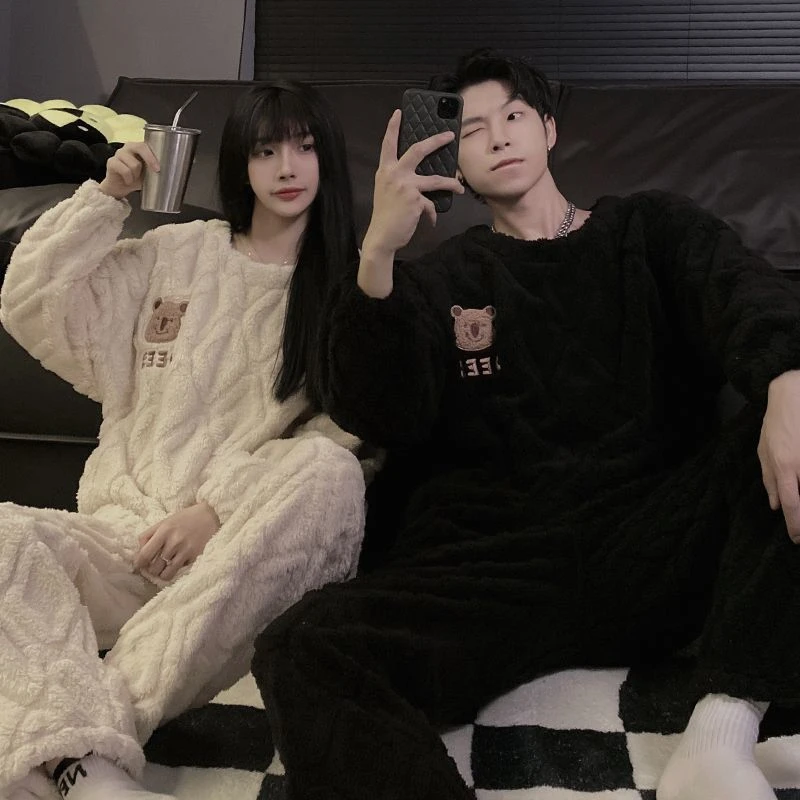 情侣秋冬季爆款加绒加厚法兰绒珊瑚绒睡衣女剪花绒男士家居服套装