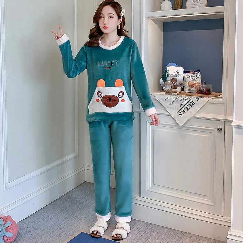 睡衣女秋冬季加厚长袖法兰绒套装家居服可爱韩版卡通珊瑚绒两件套
