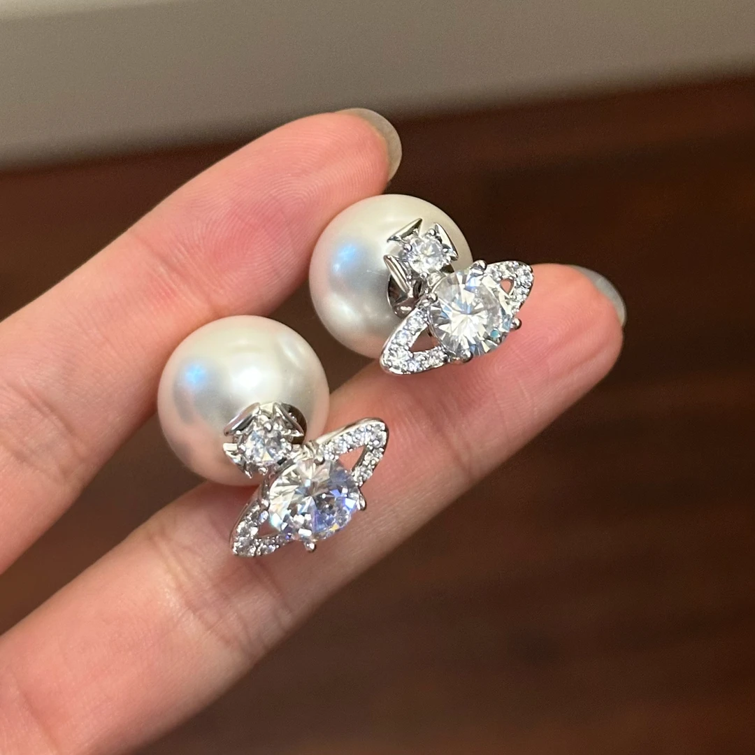 铜合金合成锆石耳饰 E0243 时尚简约气质百搭西太后前后戴耳环