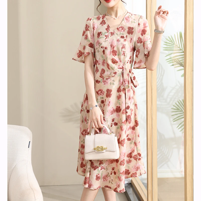 妈妈夏装连衣裙女2025新款短袖雪纺气质长裙中老年人女装洋气裙子