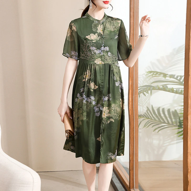 中年妈妈夏装雪纺连衣裙气质高贵中老年女装夏季洋气改良旗袍裙子