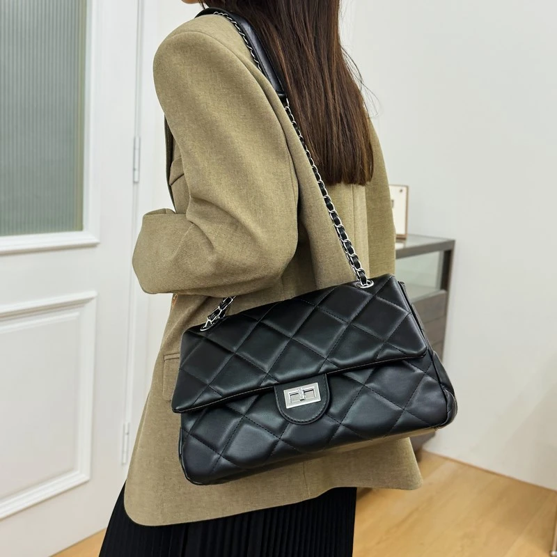 新款韩系高颜值大包上班通勤高级感精致大容量菱格链条单肩斜跨包
