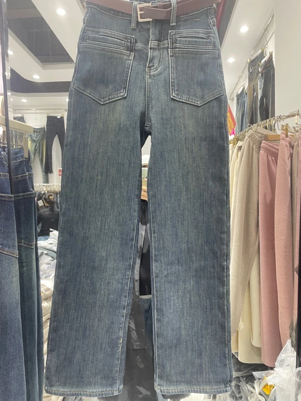 显瘦窄版直筒蓝色阔腿裤