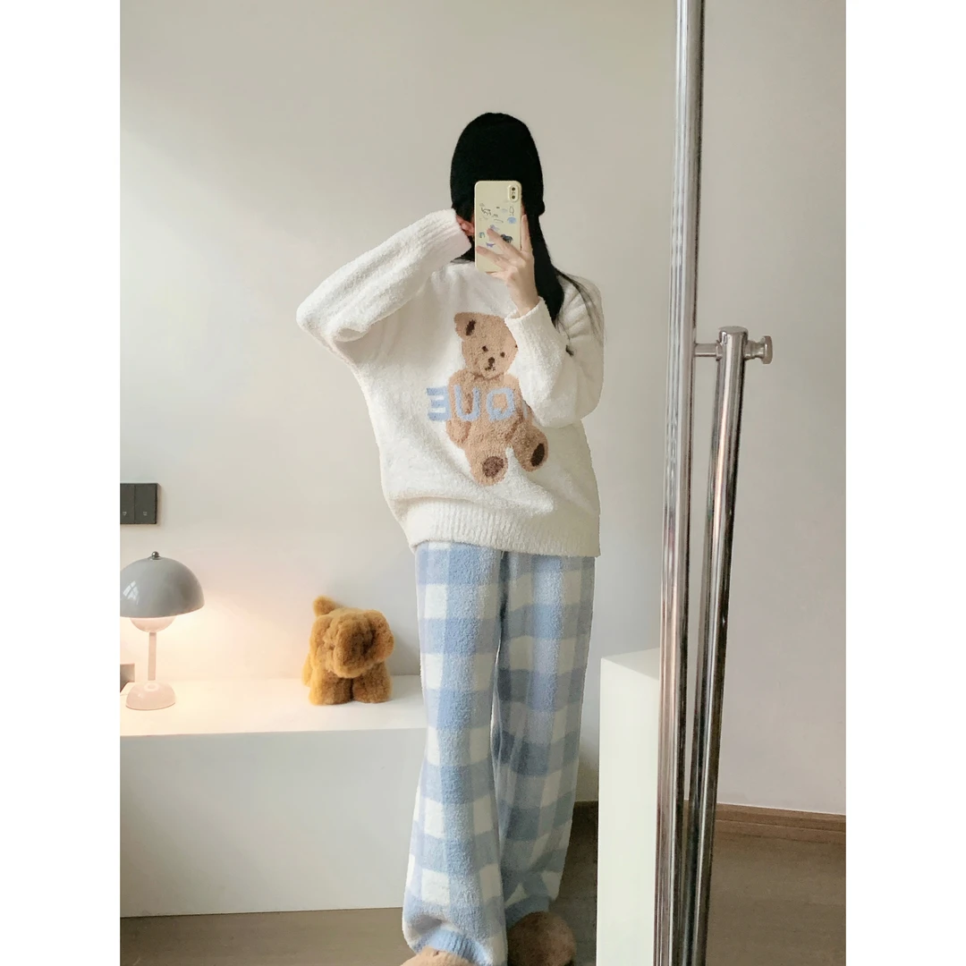 韩版少女针织半边绒卡通小熊睡衣女款冬季新款加绒加厚套装家居服