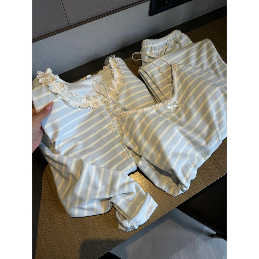 【蕾丝领条纹】韩版睡衣三件套女秋冬新款吊带开衫长裤套装家居服