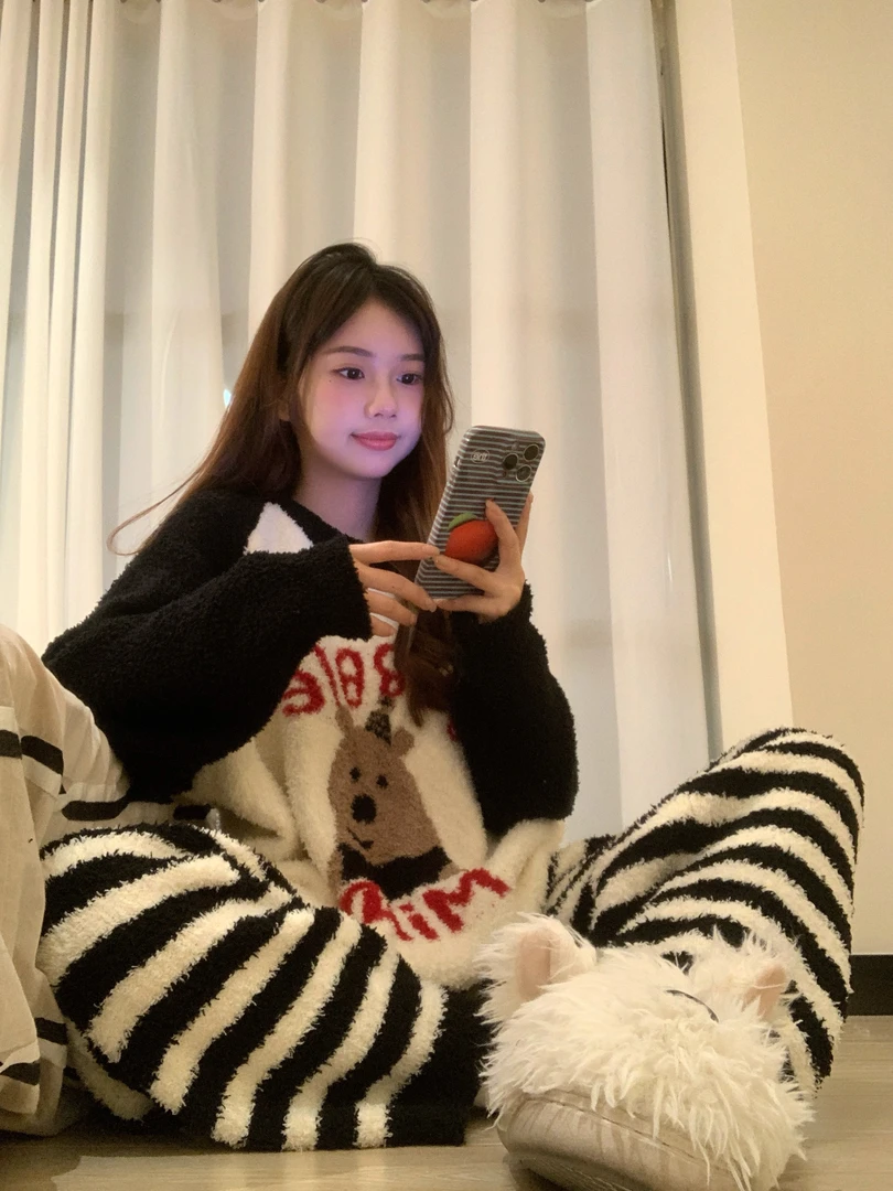 【网红同款】韩版少女可爱小熊针织半边绒睡衣女冬季大码套装家居服