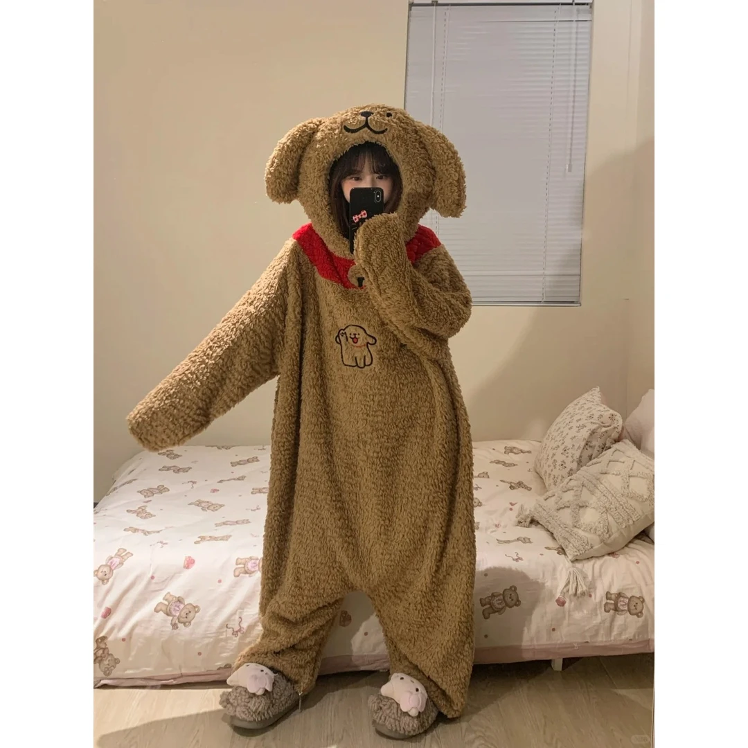 【线条小狗】咖啡软糯糯卡通珊瑚绒连体睡衣女秋冬保暖一体式家居服