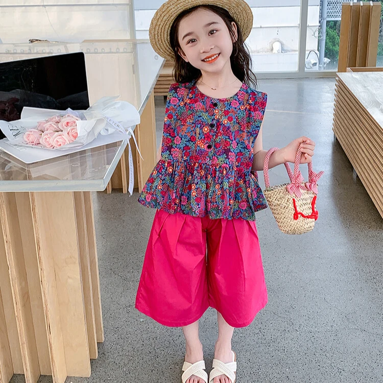 女大童夏季套装炸街洋气2024青少年学生碎花上衣无袖阔腿裤两件套