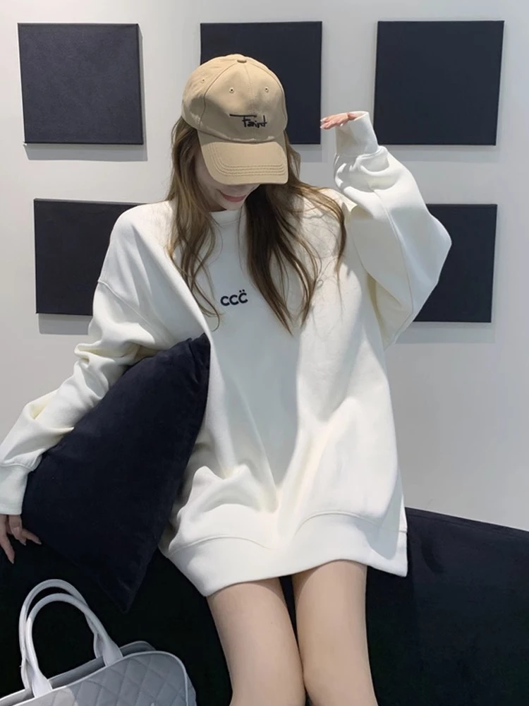 卫衣女加绒新款圆领奶fufu百搭oversize欧货中长款遮屁股秋冬外套