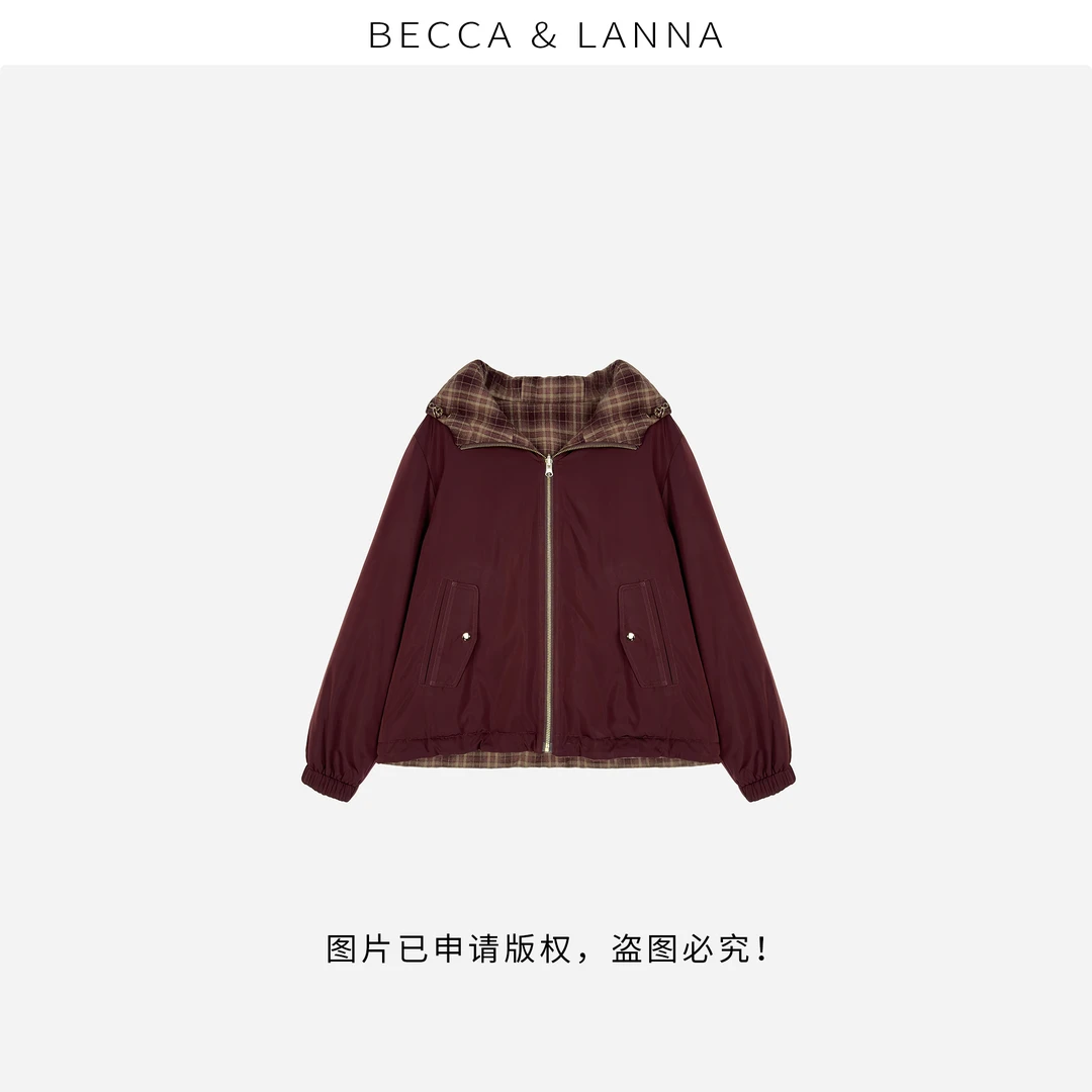 D0181 女士休闲红格子双面穿连帽驼绒服外套 女装