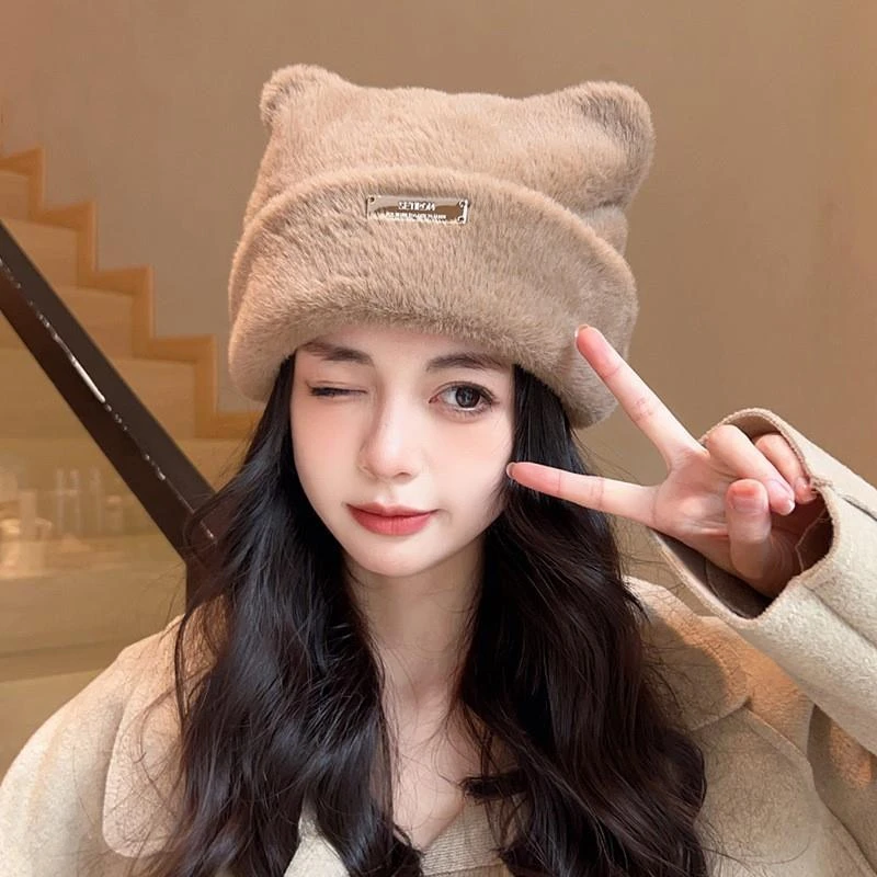 可爱小熊耳朵毛绒帽加厚保暖百搭针织帽孕妇冬天产后坐月子帽时尚