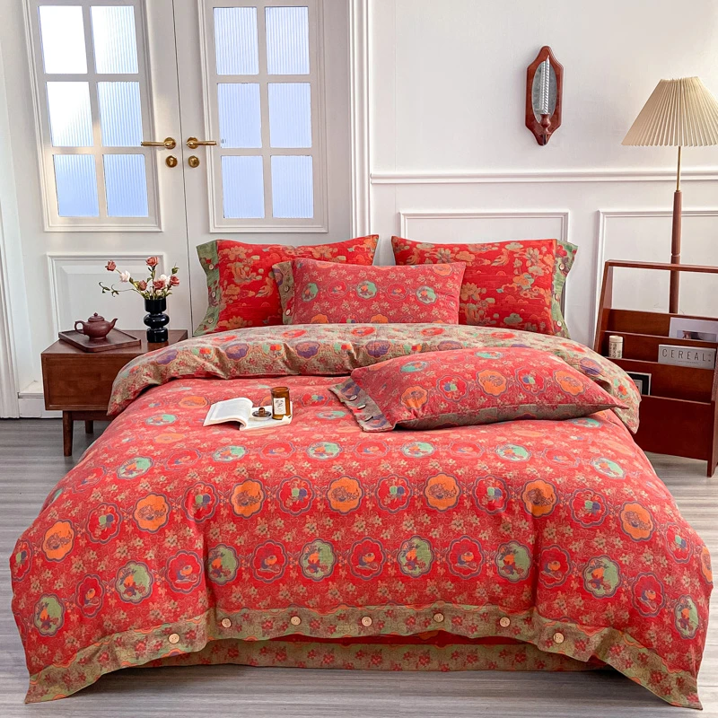 【柿柿如意四件套】新中式轻奢加厚全棉精梳双层纱A类母婴级四件套