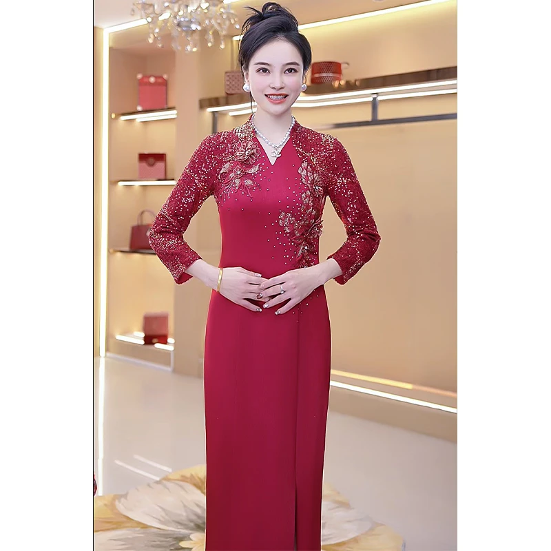礼服平时可穿气质高贵时尚中长款婚礼喜婆婆妈妈显瘦大码连衣裙