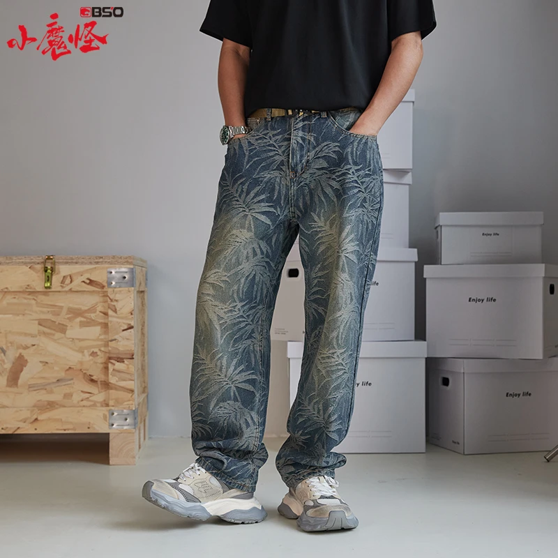 春夏潮牌牛仔裤男美式街头夏威夷沙滩个性印花宽松直筒高街阔腿裤