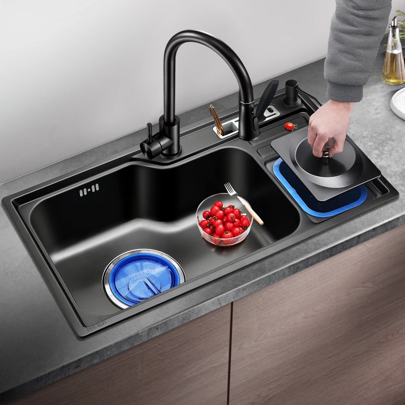 心力纳米多功能水槽单槽304不锈钢大单槽洗菜盆带垃圾桶台下盆