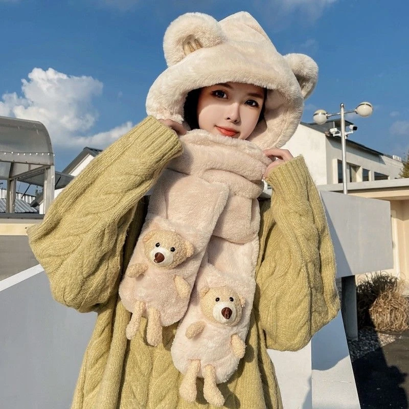 【口袋熊】三件套冬天帽子围巾手套一体连帽保暖防寒加绒加厚保暖帽