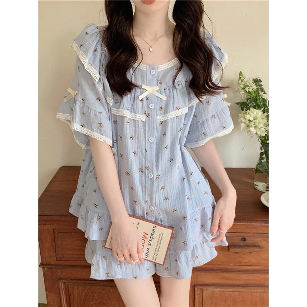 睡衣女夏季2025新款日系甜美碎花学生短袖短裤薄款夏天家居服套装