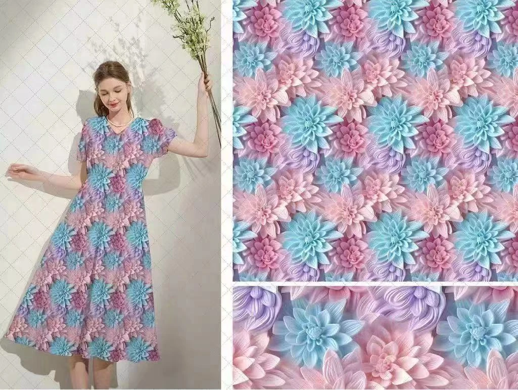 大丽花3D立体印花棉绸面料布料