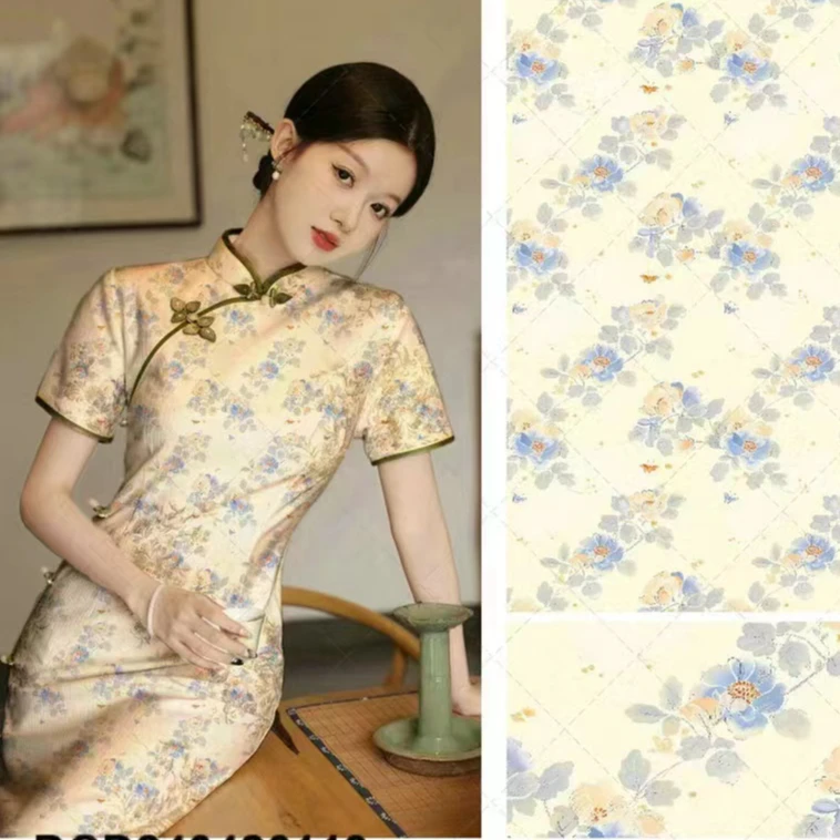 棉绸面料布料蓝色花3D立体印花