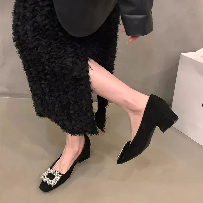 福德家粗跟方头水钻高级感单鞋女鞋子2024新款春秋季中跟鞋气质女