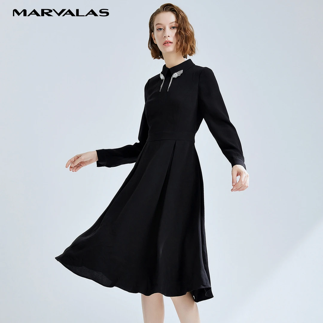 【许半夏推荐】高腰显瘦连衣裙女简约小黑裙中长款530173-95079