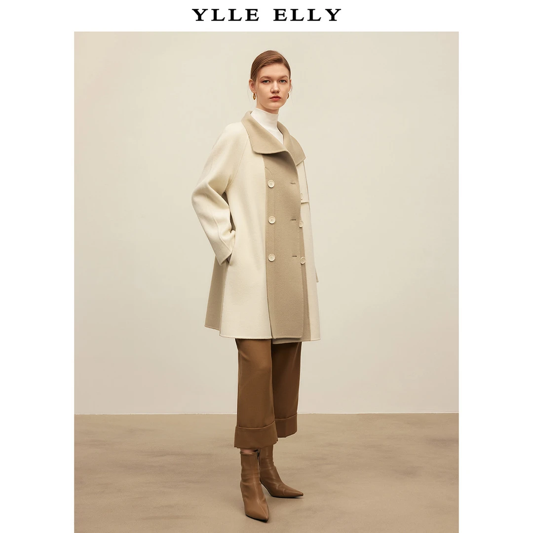 【小余专属】气质毛呢英伦风时尚撞色拼接绵羊毛双面呢外套Y430628