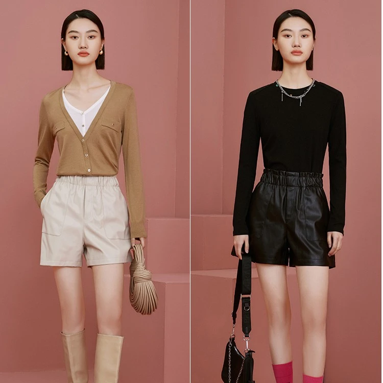 【籽言专属】M101100622曼德诗高腰色皮裤A字版宽松时尚短裤