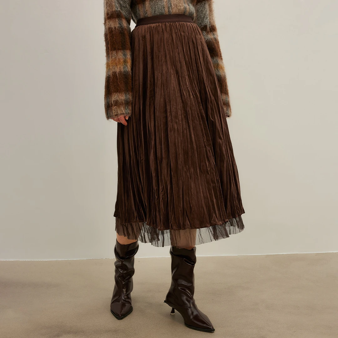 【小余专属】时尚高腰半身裙复古气质百褶网纱裙通勤中长裙