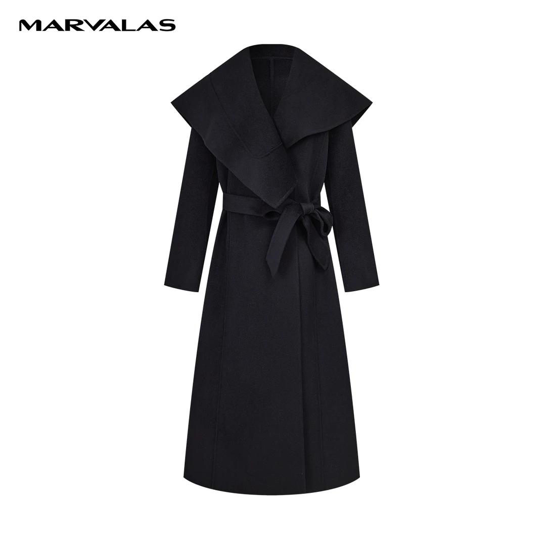 【诗语专属】羊毛绑带修身双面呢中长款经典气质双面毛呢外套