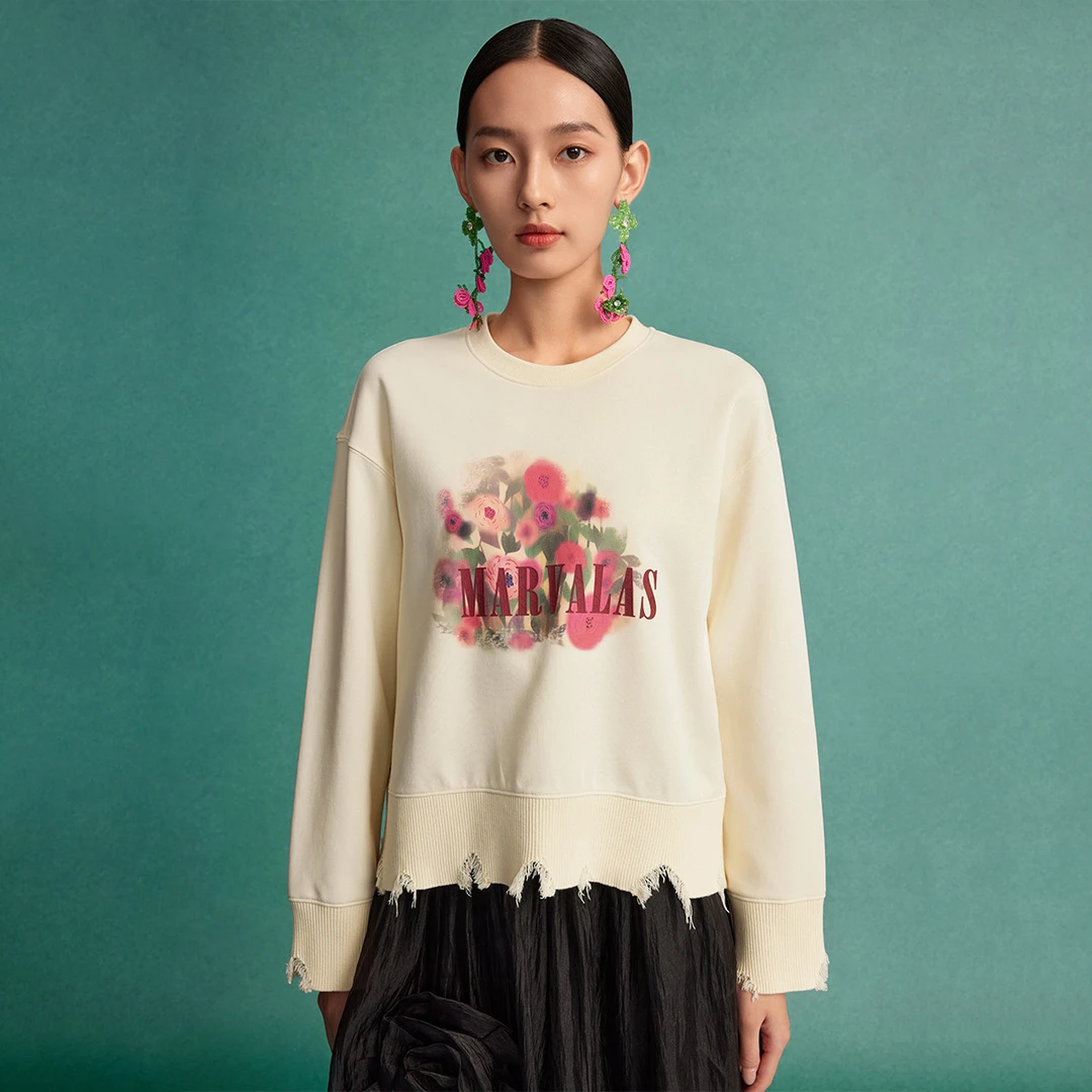 【籽言专属】造型感圆领卫衣女2024秋晕染风印花百搭上衣M317303553