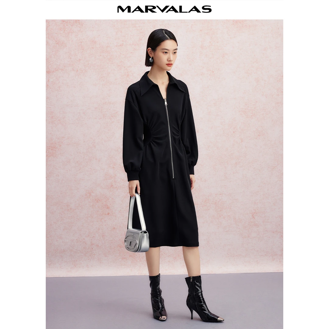 【小余专属】拉链黑色连衣裙2023春气质设计感衬衫裙MC534305460