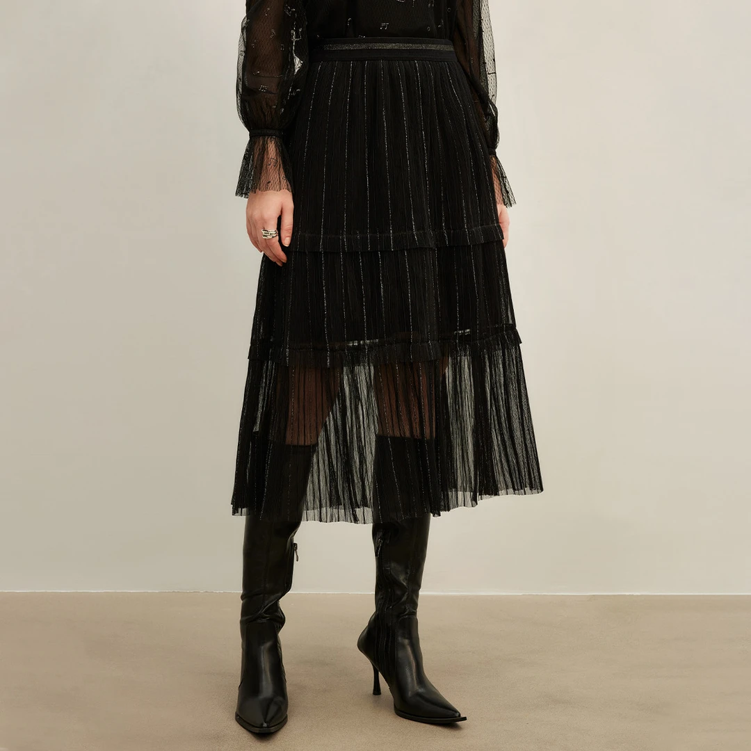 【诗语专属】时尚气质高腰半身裙秋季设计百搭层次感网纱裙Y230253