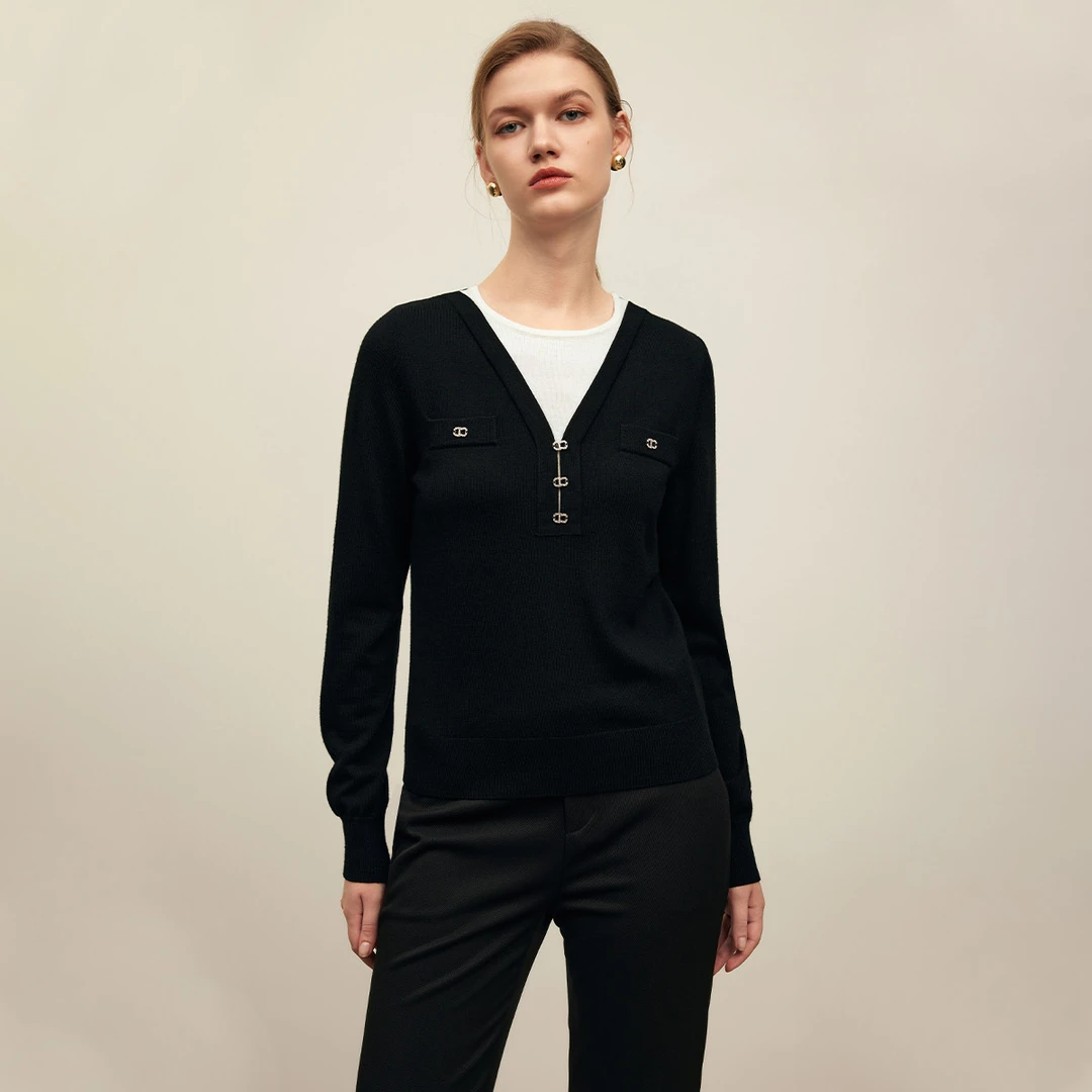 【诗语专属】设计感撞色圆领假两件针织衫绵羊毛套头衫Y733302824