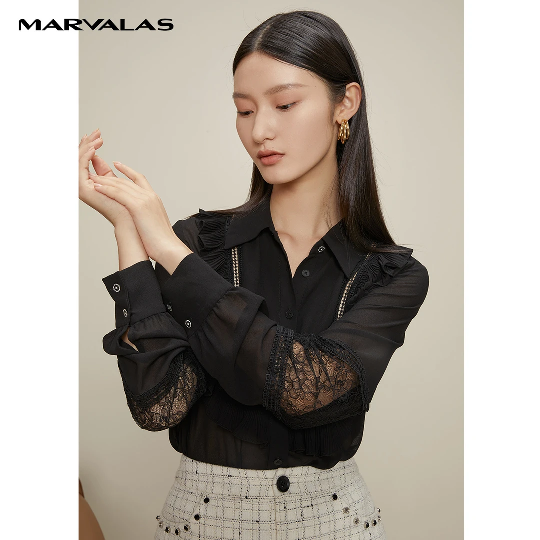 【籽言专属】曼德诗黑色蕾丝衬衫女2024木耳边小众女上衣#D330531