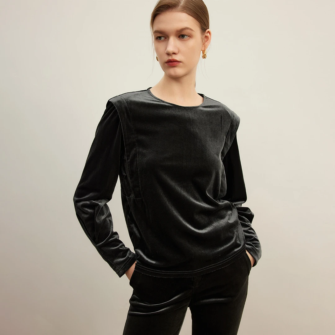 【诗语专属】复古丝绒打底衫女秋季拼接设计百搭长袖上衣Y330628