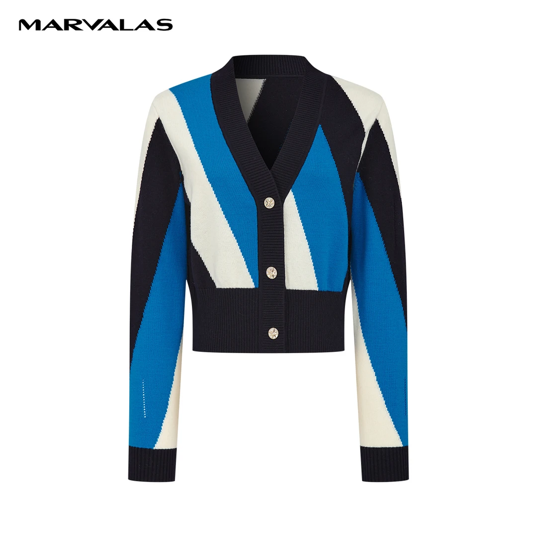 【小北专属】M731307397曼德诗全羊毛短款开衫女撞色针织衫