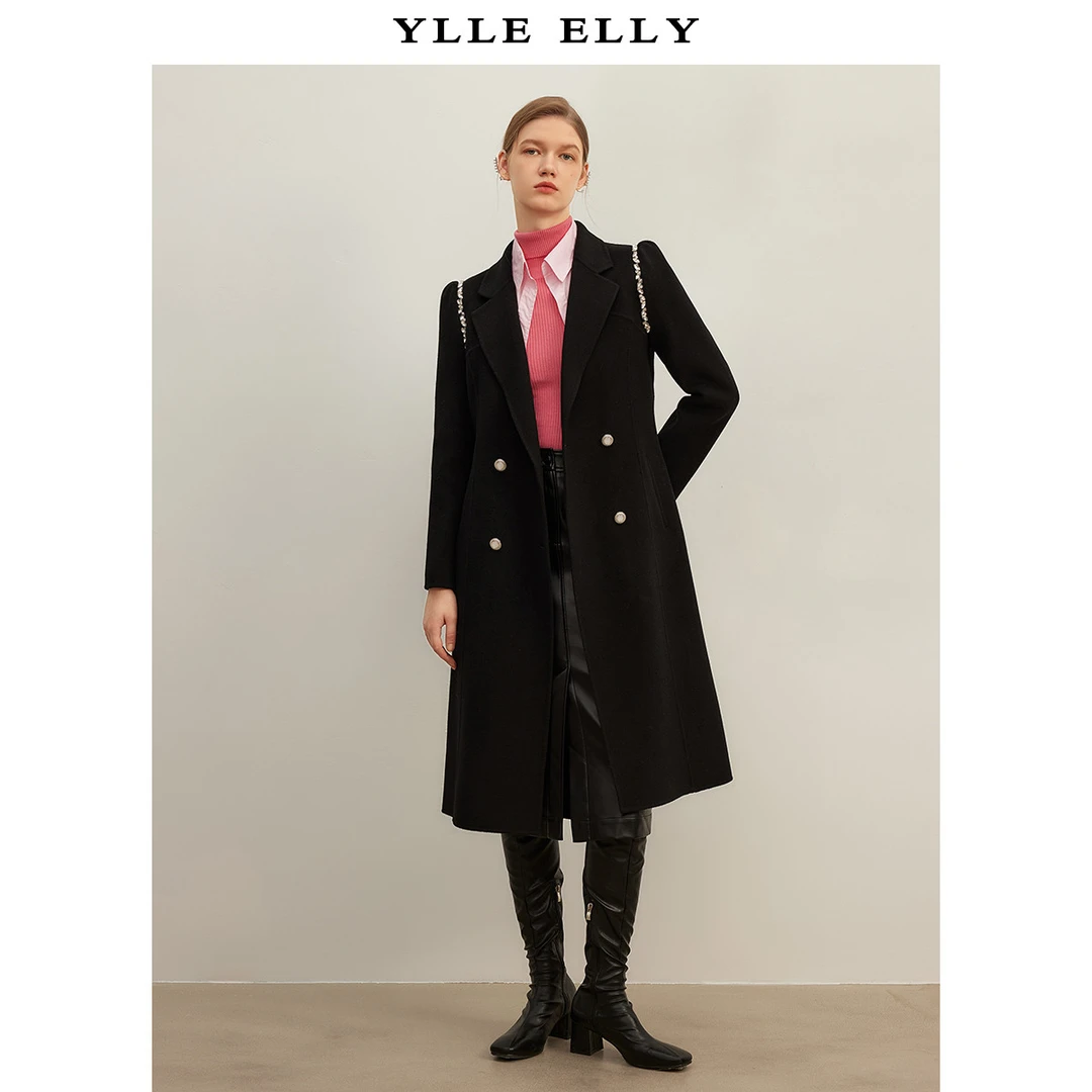 【诗语专属】时髦通勤毛呢大衣精致钻链装饰设计感双面呢长外套