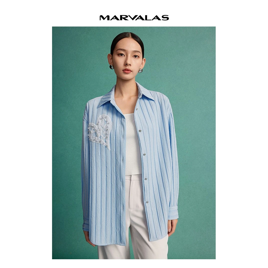 【诗语专属】珍珠网纱绣花衬衫2024春爱心竖条纹衬衣MC311310763