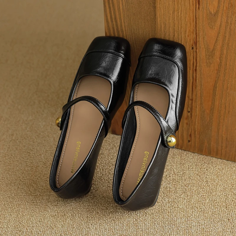 真皮黑色浅口玛丽珍女鞋2024新款法式一字带方头单鞋女大码41一43