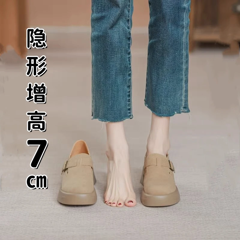 全包勃肯鞋女2024春季新款厚底小个子乐福鞋一脚蹬内增高博肯单鞋