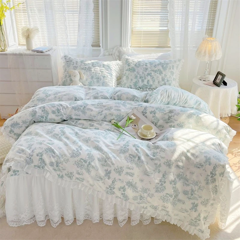 韩式公主风纯棉床裙款四件套全棉三件套荷叶蕾丝花边夹棉加厚款