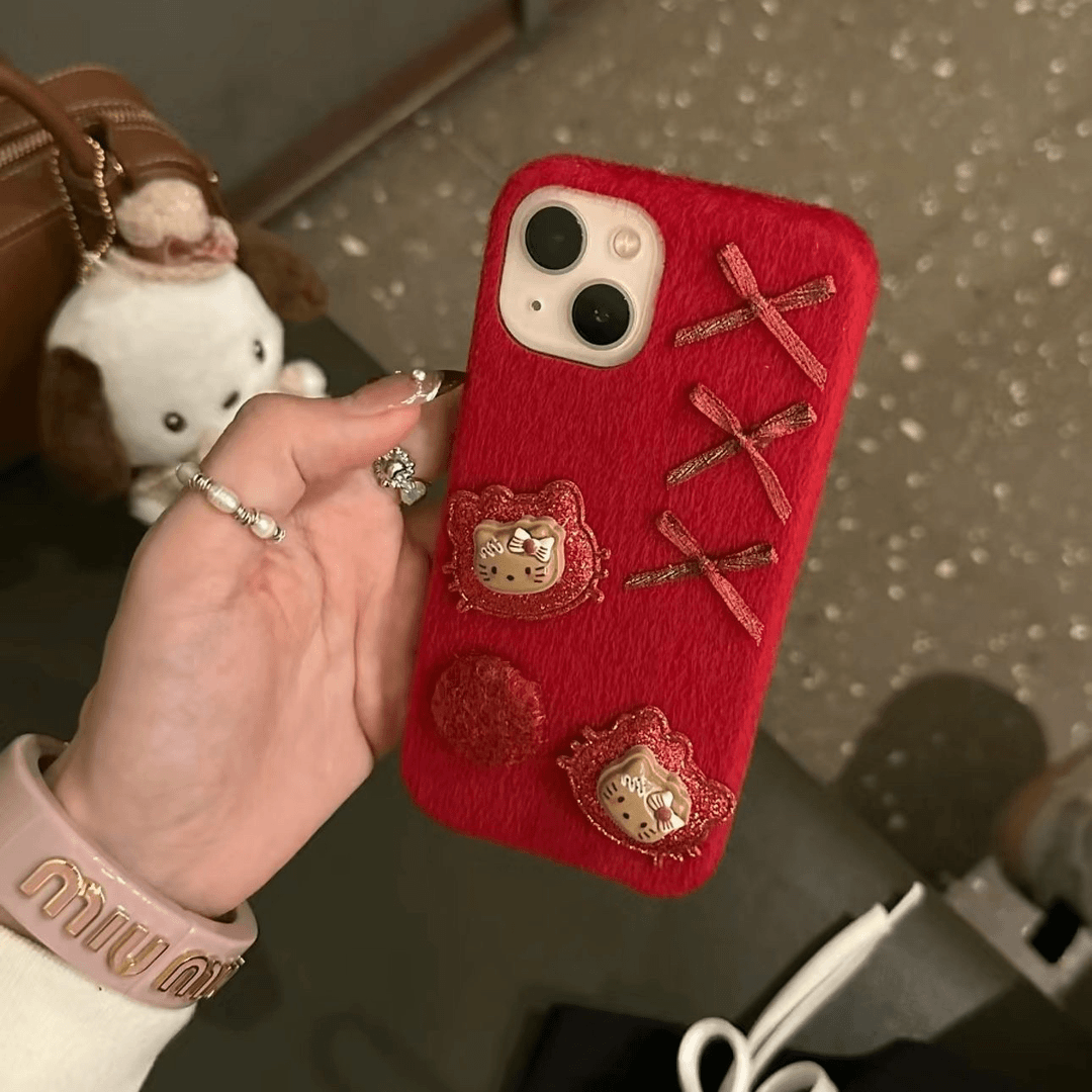 绒布蝴蝶结立体kt猫适用15/14promax手机壳苹果13新款iPhone12/11
