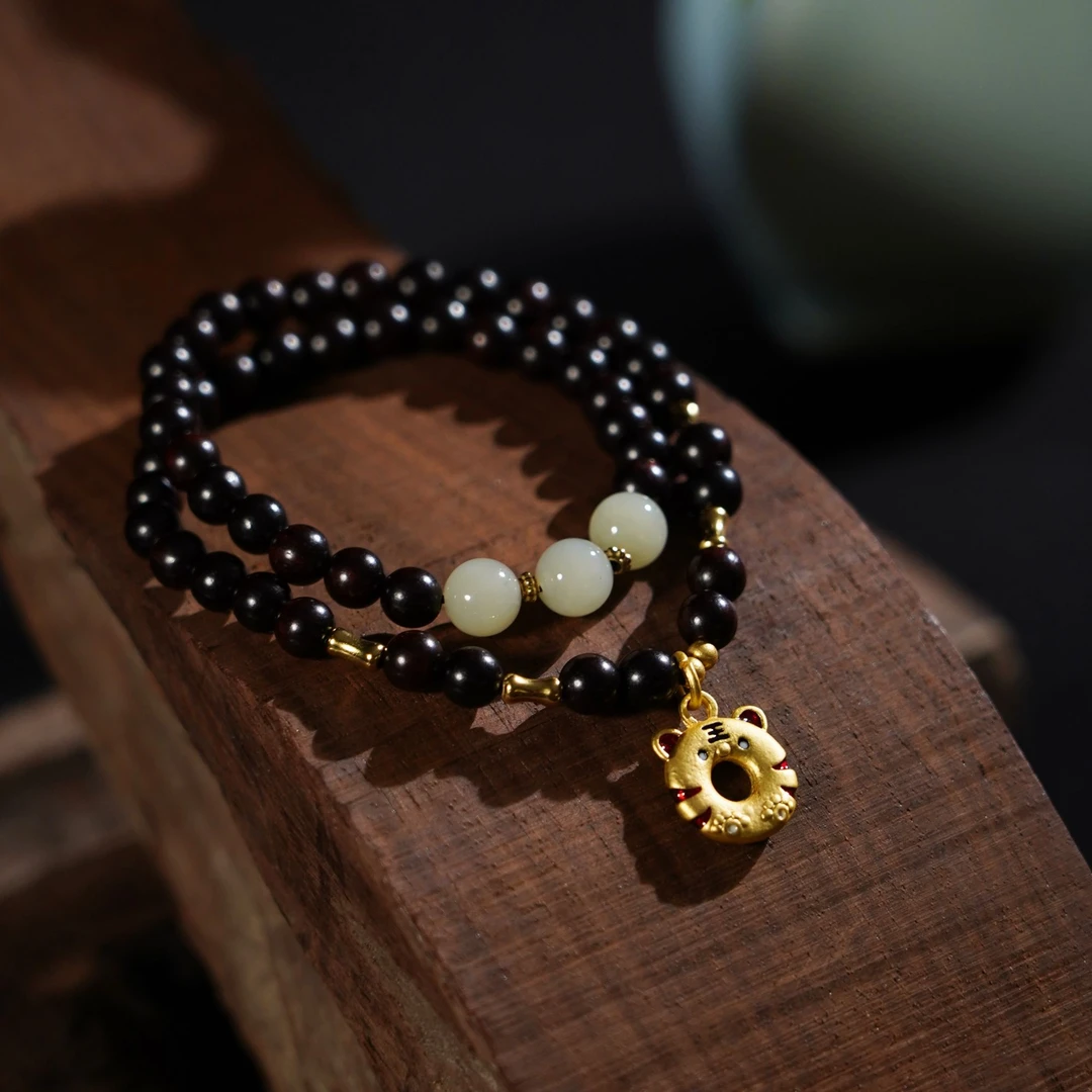 【真定山房】0.6*50颗小叶紫檀 玉石/沙金+虎头配饰