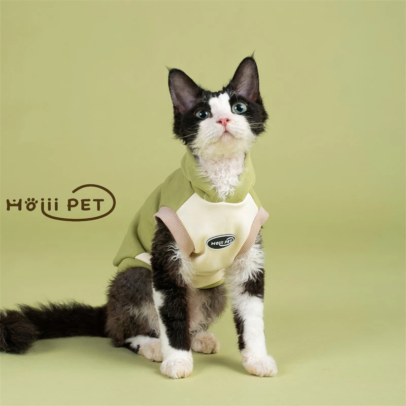 HOiii PET 秋冬复古拼色无袖帽衫德文猫衣服无毛猫卫衣柔软亲肤
