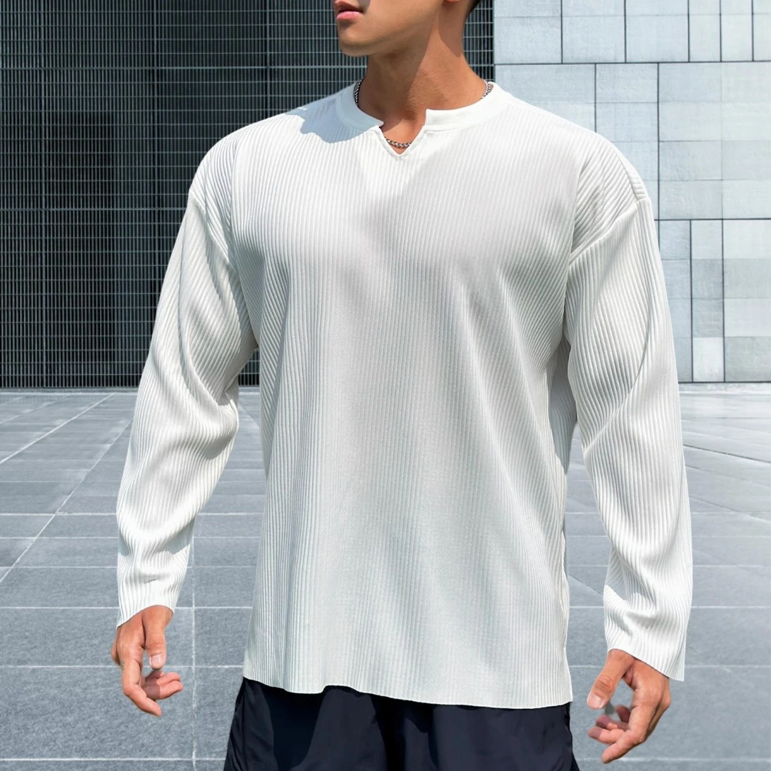 高级感V领褶皱垂感长袖T恤男秋冬大码宽松休闲运动健身训练打底衣