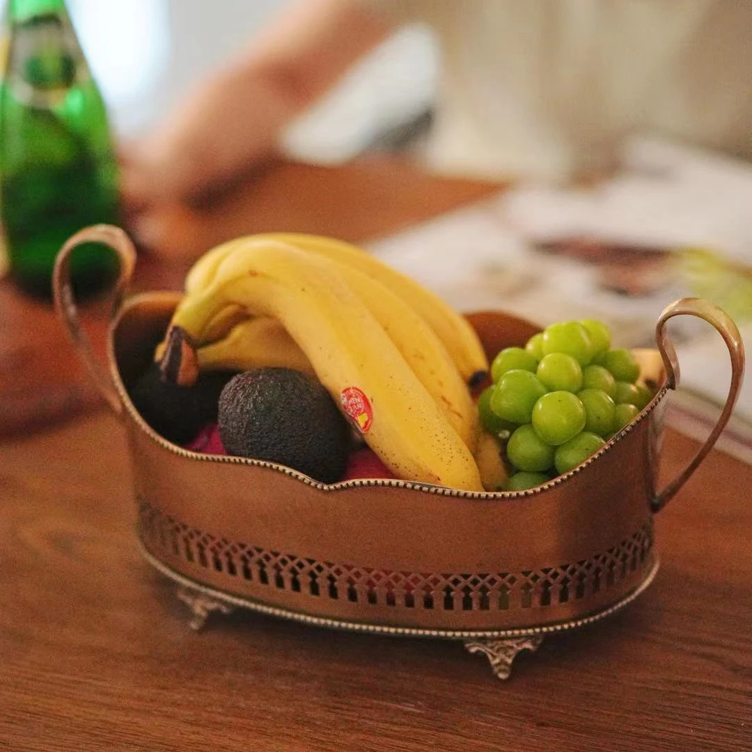 【奇居巍】印度进口黄铜镂空双耳果盘桌面收纳盘#4812034