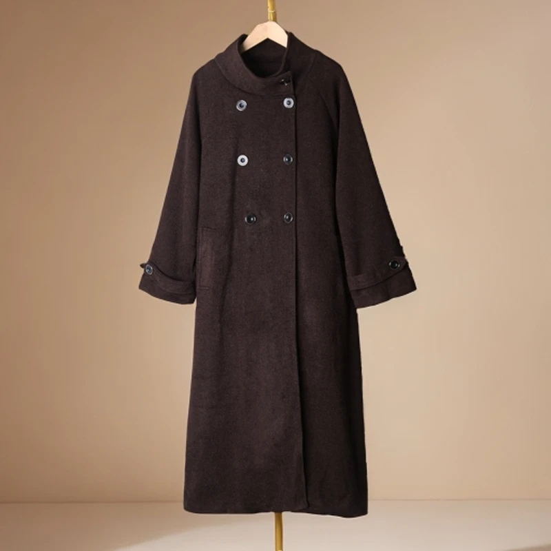 深咖色立领中长款呢大衣2024新款气质百搭宽松双排扣夹棉加厚外套