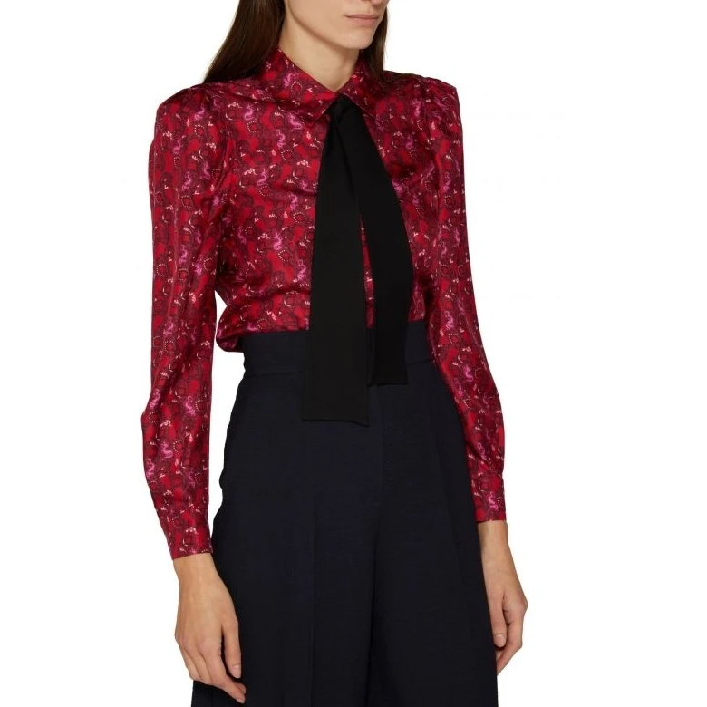 葭恩时尚重磅红花色斜纹真丝印花配领带衬衫上衣0540