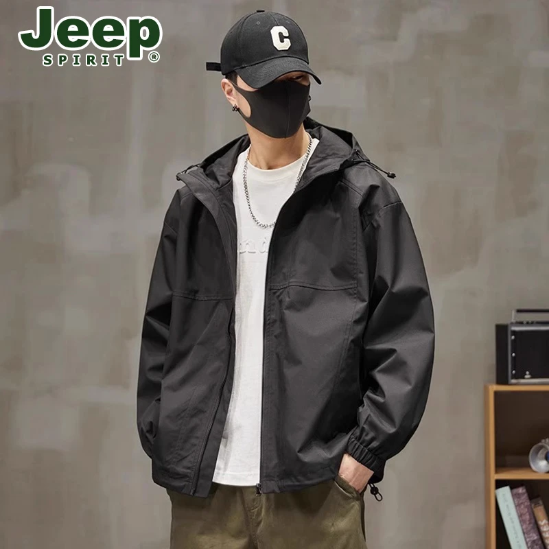 Jeep吉普痞帅夹克男士防风防水冲锋衣春秋款百搭机能连帽工装外套