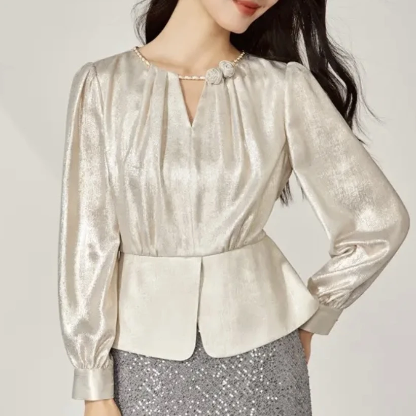 【重工烫金】收腰时尚复古小众长袖圆领秋季显瘦设计感小衫气质春季